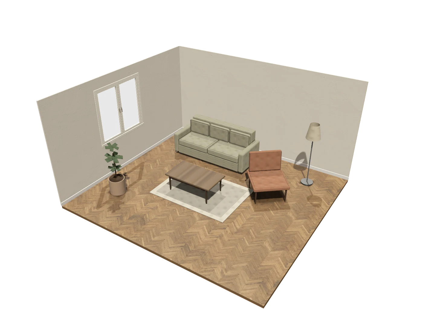 The example room with a herringbone floor, rendered in Koini