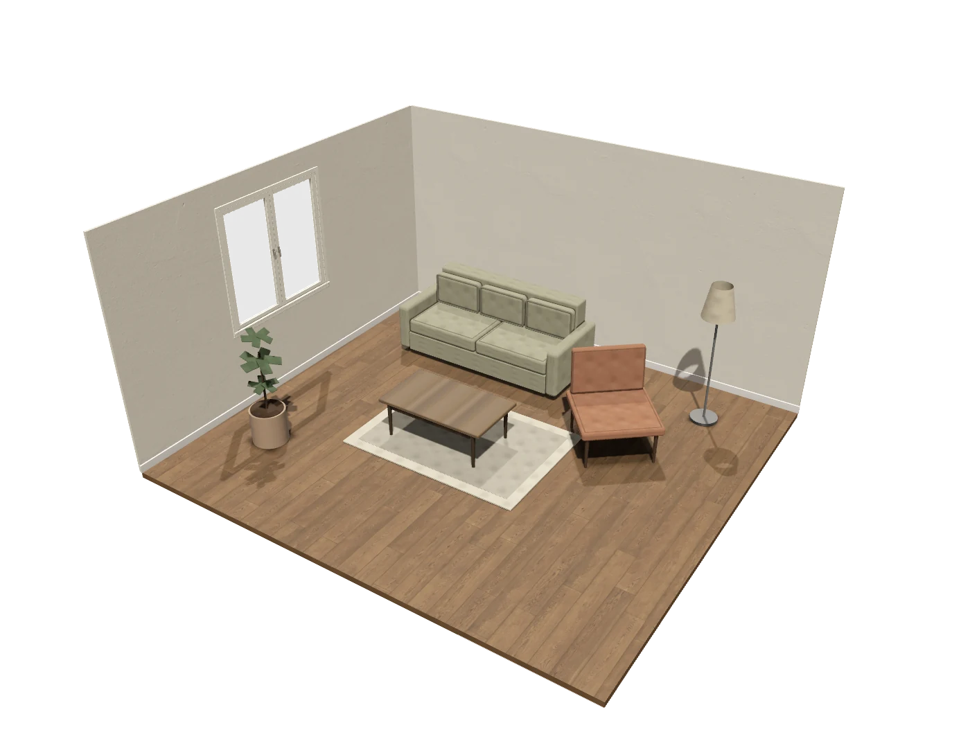 A room rendered in Koini, with a sofa, armchair, coffee table, plant and oak floor